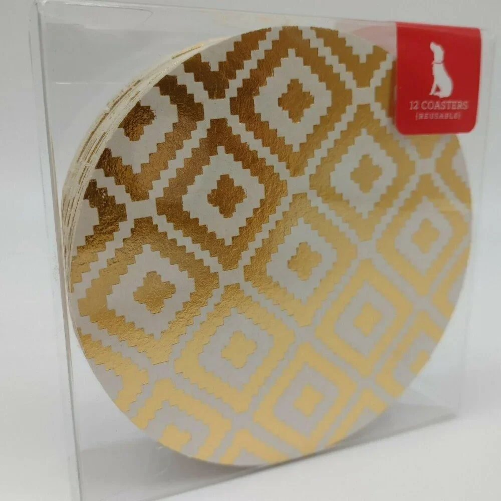 Reyn Paper Co 12 Reusable Golden Coasters Set Heavy Weight Paper Board Gold Foil